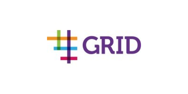 Logo van GRID met kleurrijke lijnen en paarse tekst.